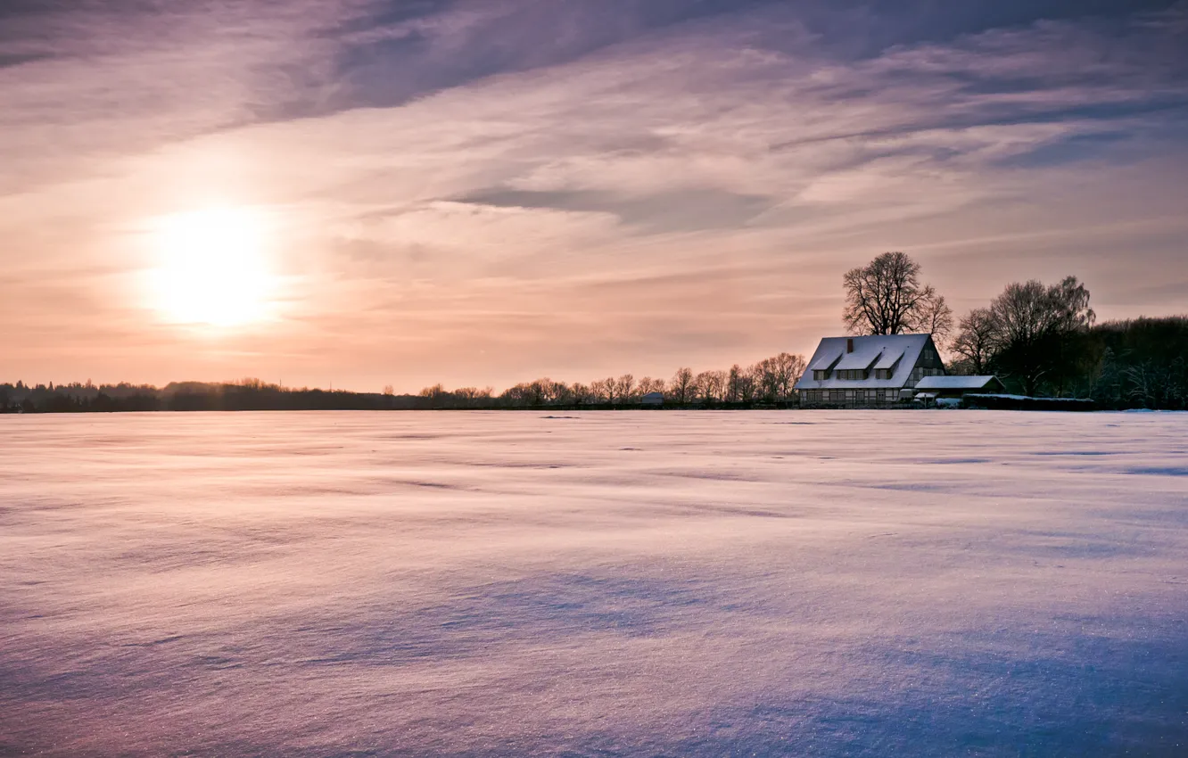 Photo wallpaper winter, the sky, the sun, clouds, snow, trees, nature, house