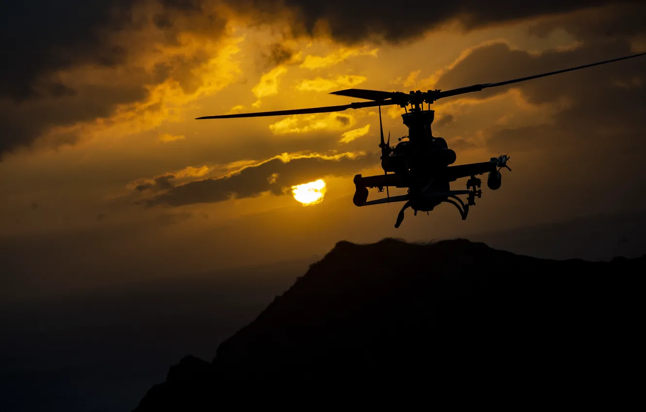 Photo wallpaper sunset, silhouette, Viper, helicopter, AH-1Z
