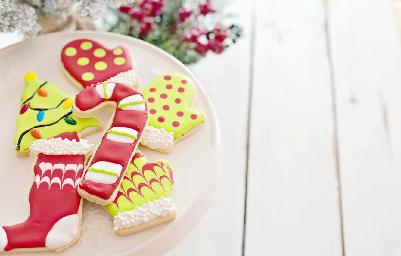 Photo wallpaper winter, holiday, Board, cookies, plate, Christmas, New year, socks