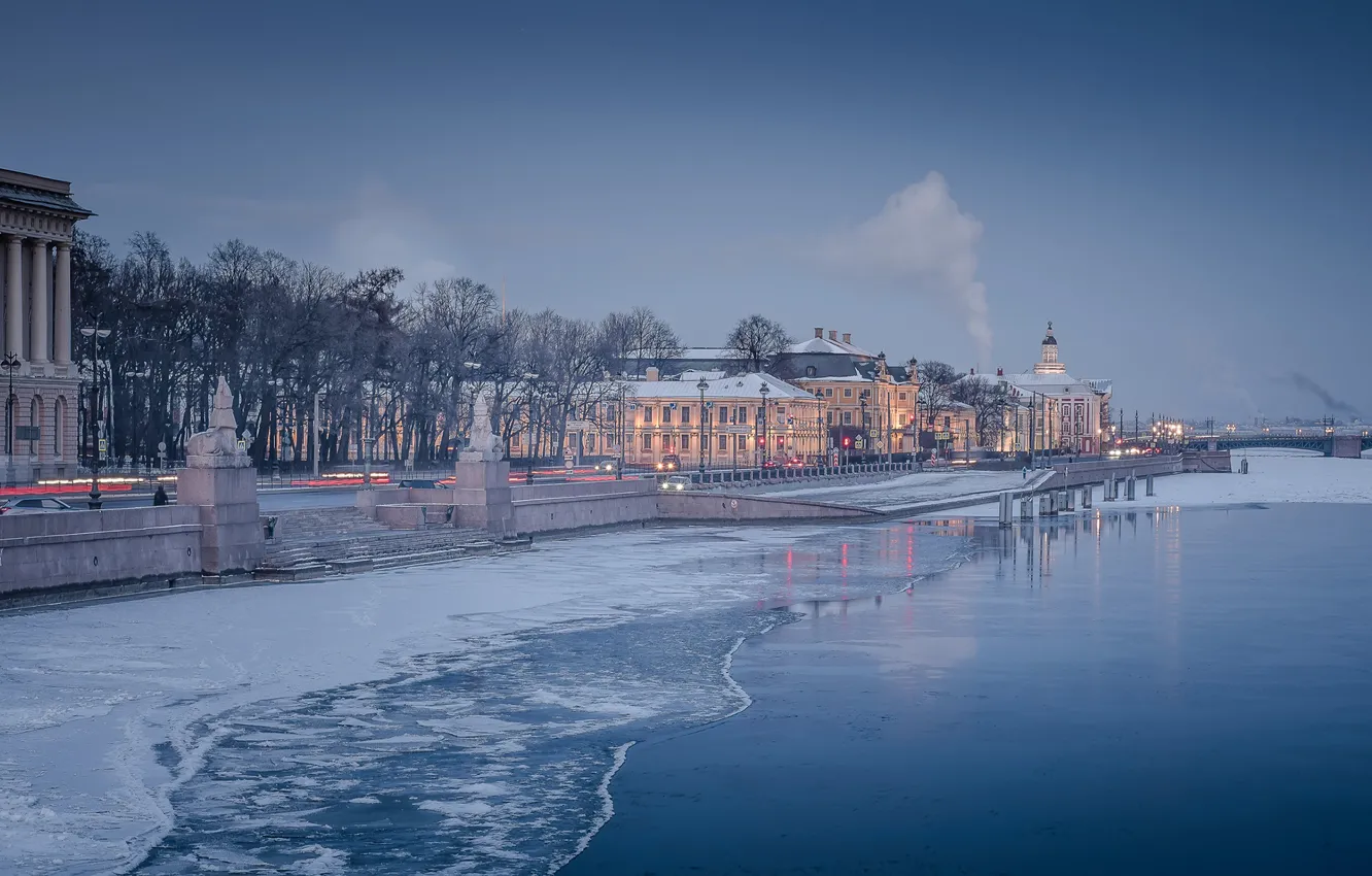 Photo wallpaper winter, the sky, snow, river, building, the evening, Saint Petersburg
