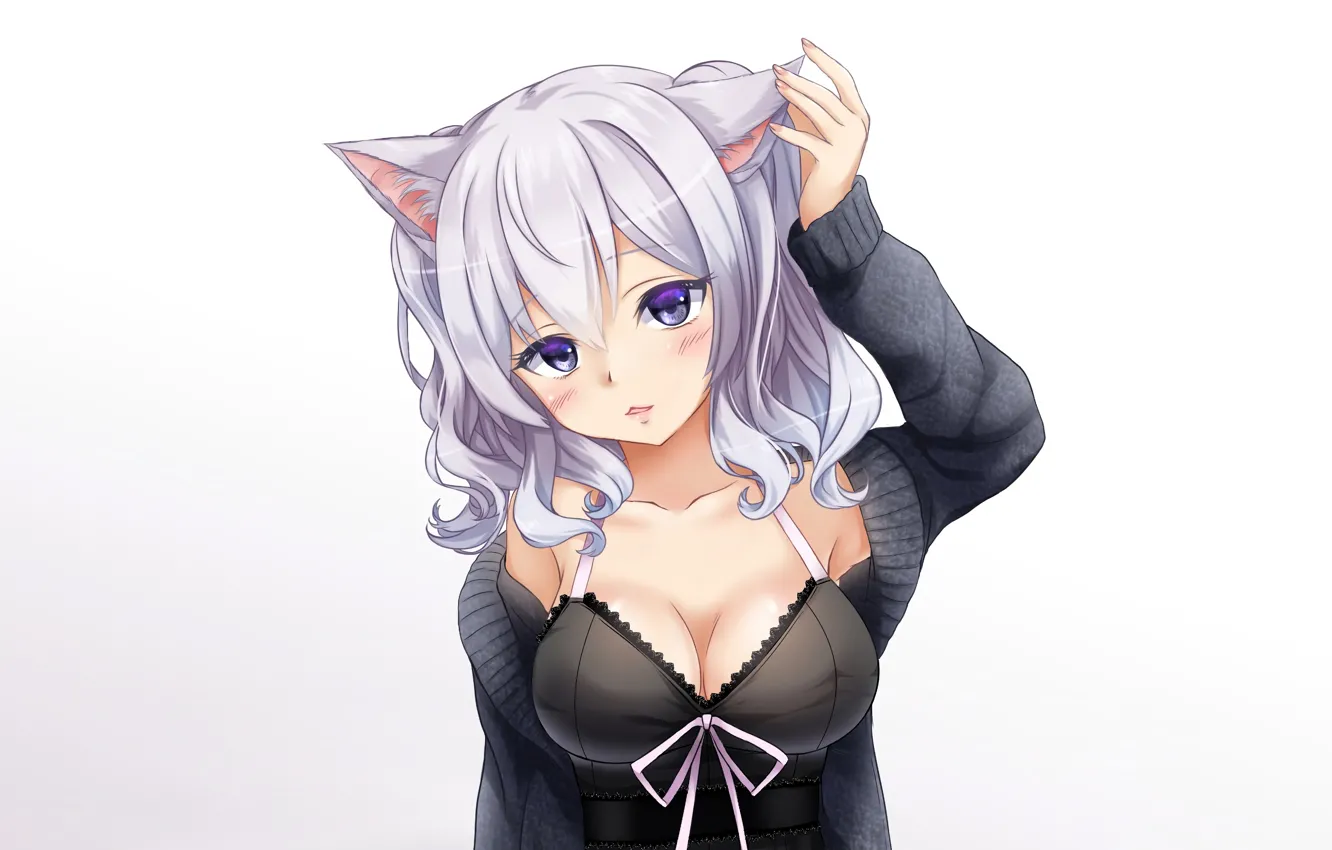 Photo wallpaper girl, sexy, cleavage, blouse, long hair, boobs, animal ears, anime