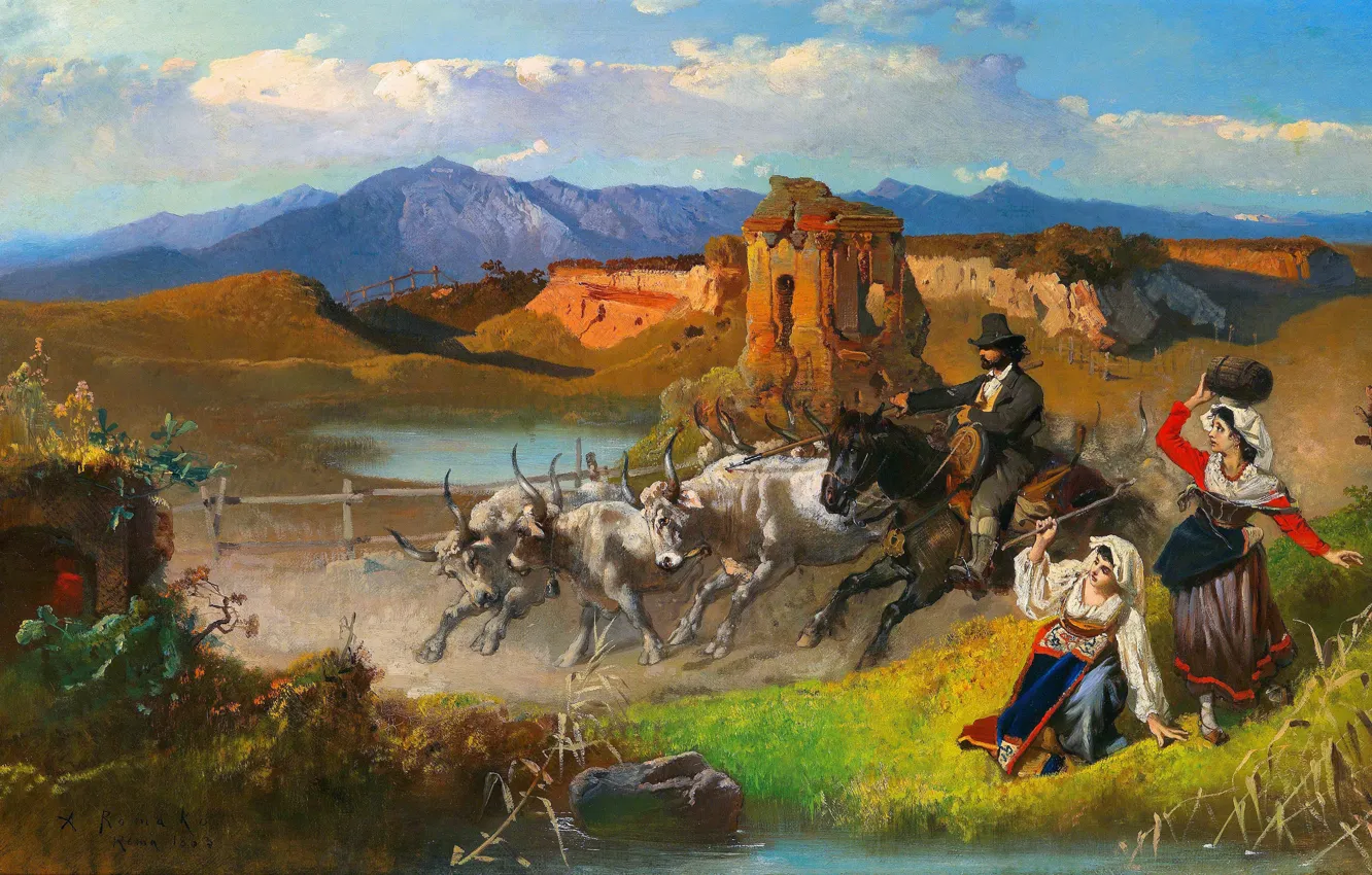 Photo wallpaper Girls, Mountains, Picture, Cows, Shepherd, Austrian painter, Anton Romako, Anton Romako