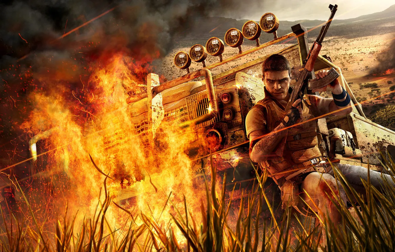 Photo wallpaper fire, the game, Far Cry 2, Africa, plum