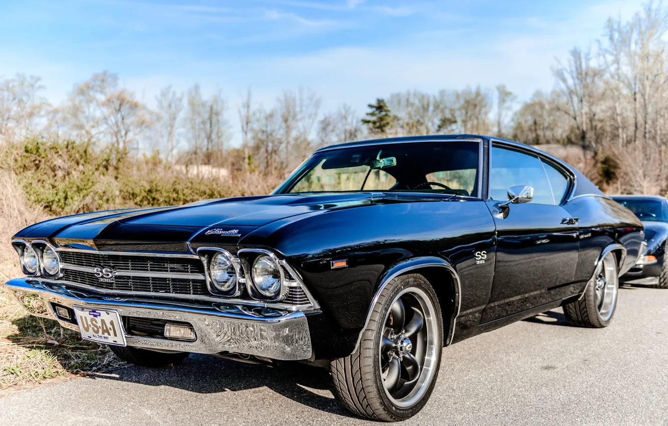 Wallpaper car, USA, grass, black, sky, blue, Chevrolet Chevelle SS 396 for mobile and desktop