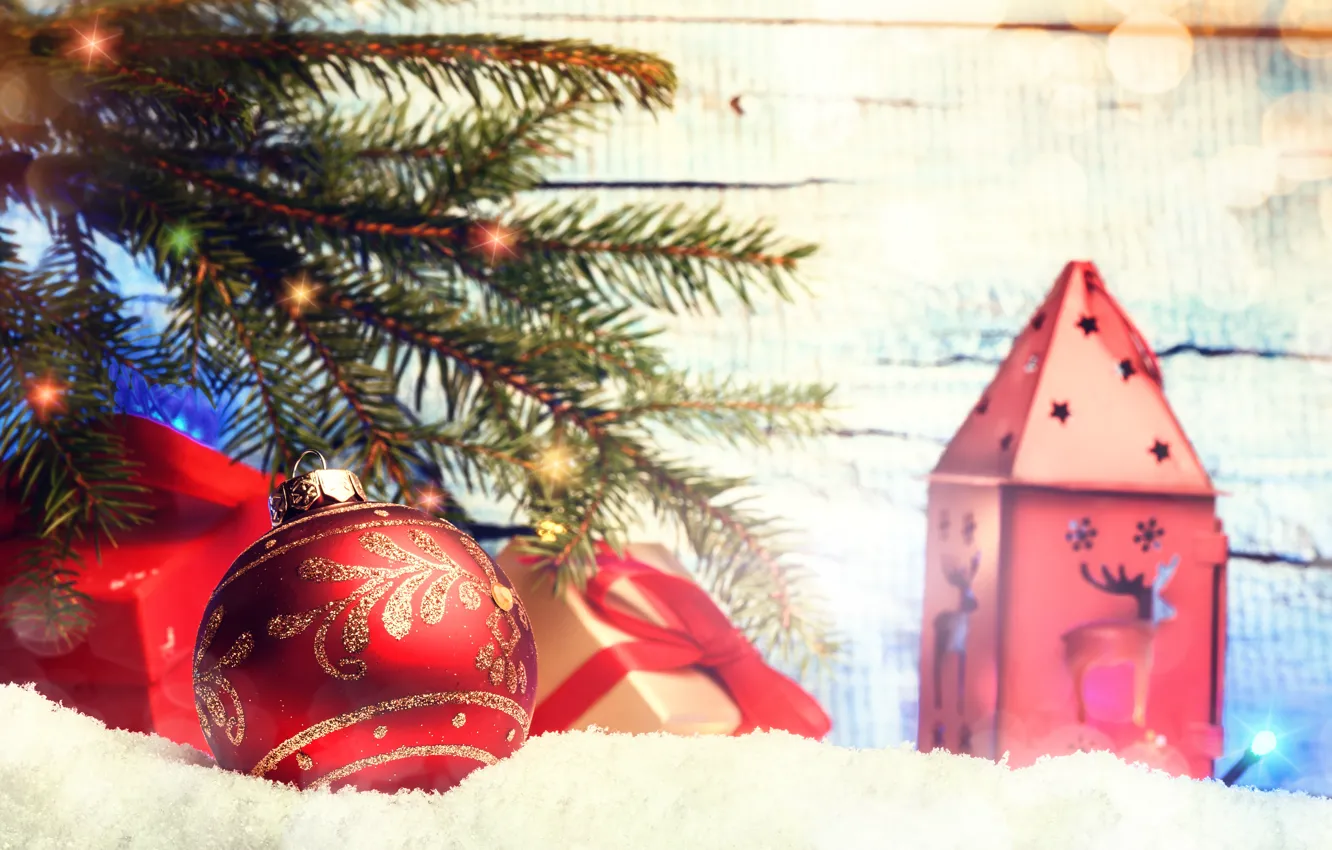 Photo wallpaper snow, decoration, balls, tree, New Year, Christmas, happy, Christmas