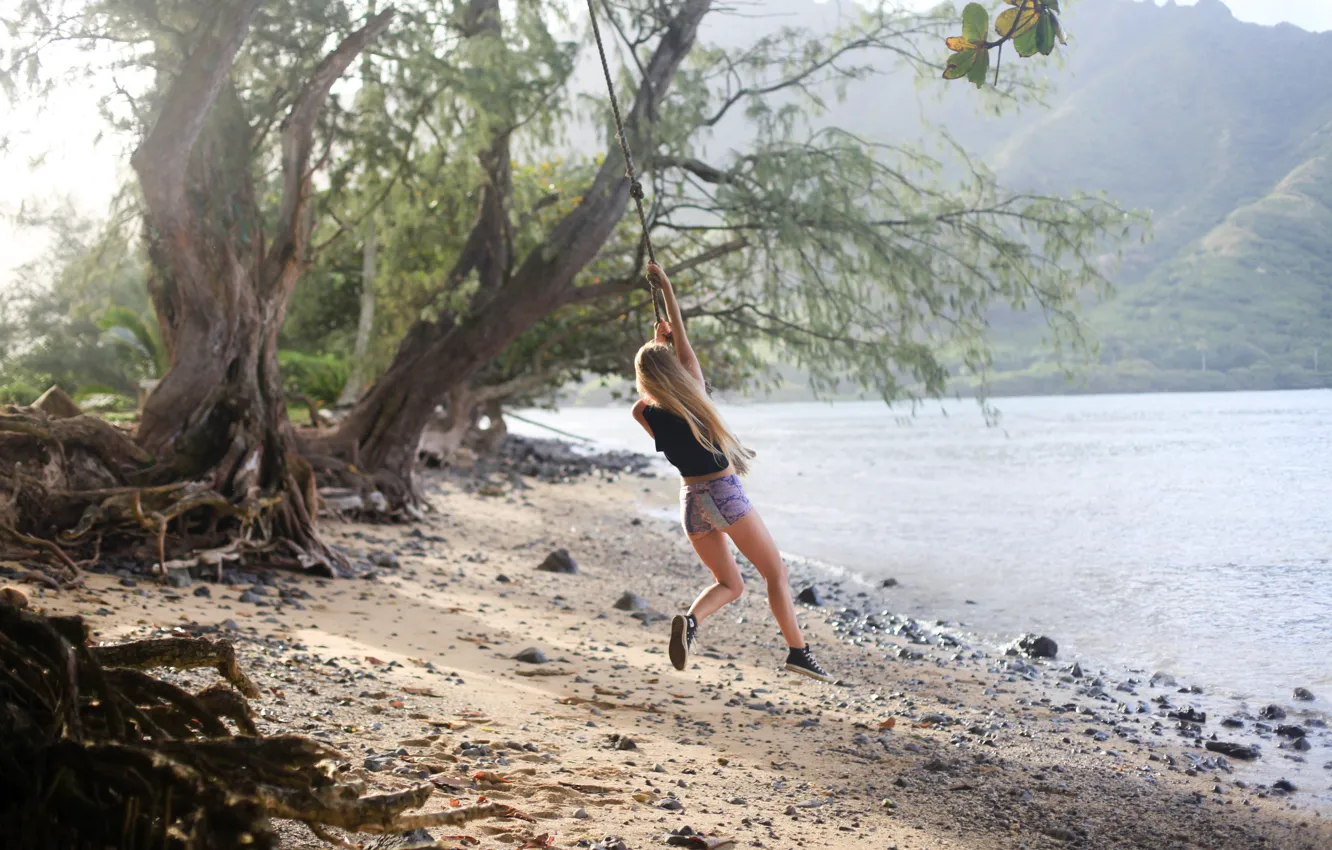 Photo wallpaper summer, girl, swing, mood, shore, entertainment