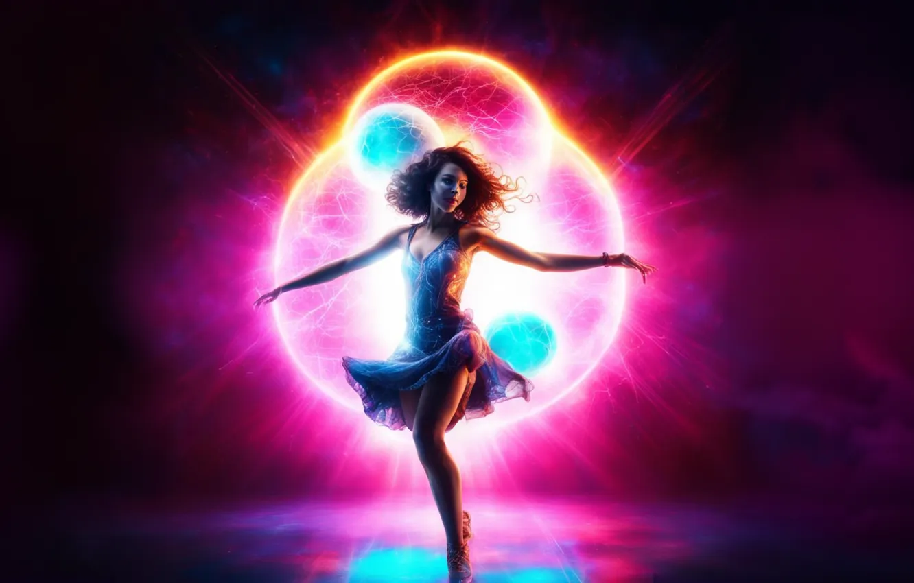 Photo wallpaper girl, fiction, lightning, dance, fantasy, fireball, fantasy art, AI ART