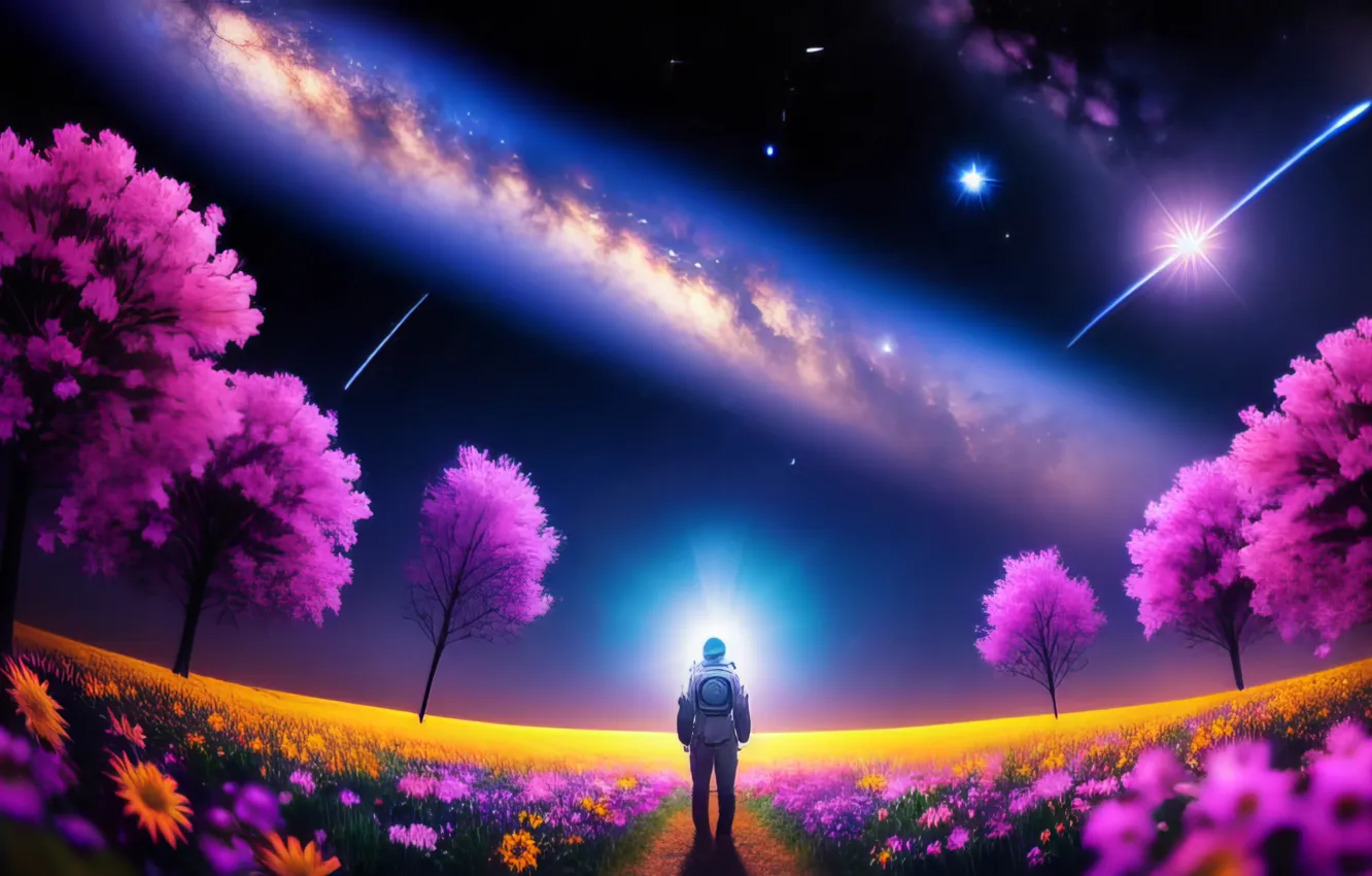 Photo wallpaper road, space, stars, dreams, flowers, night, glow, astronaut