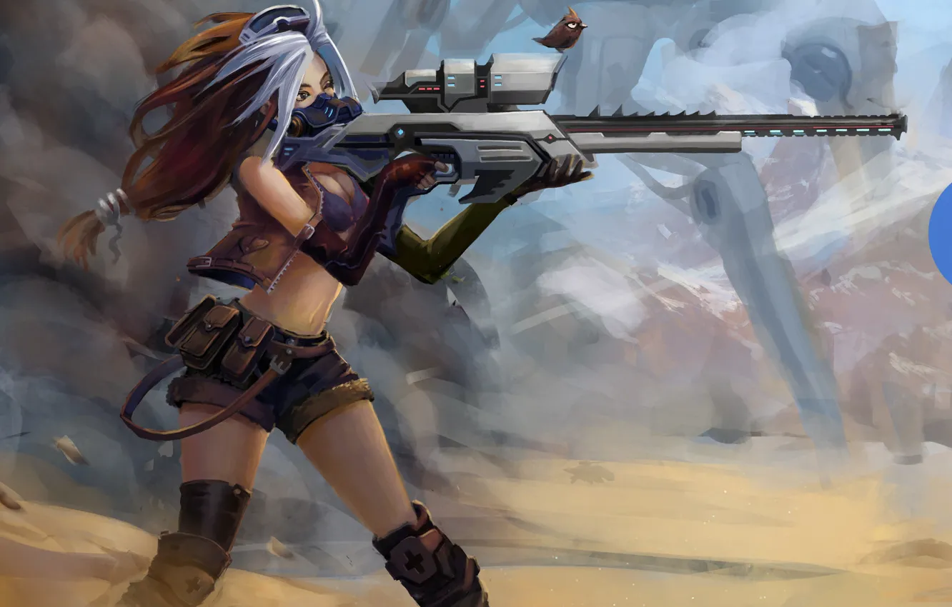 Photo wallpaper sand, girl, weapons, fiction, robot, dust, art, bird