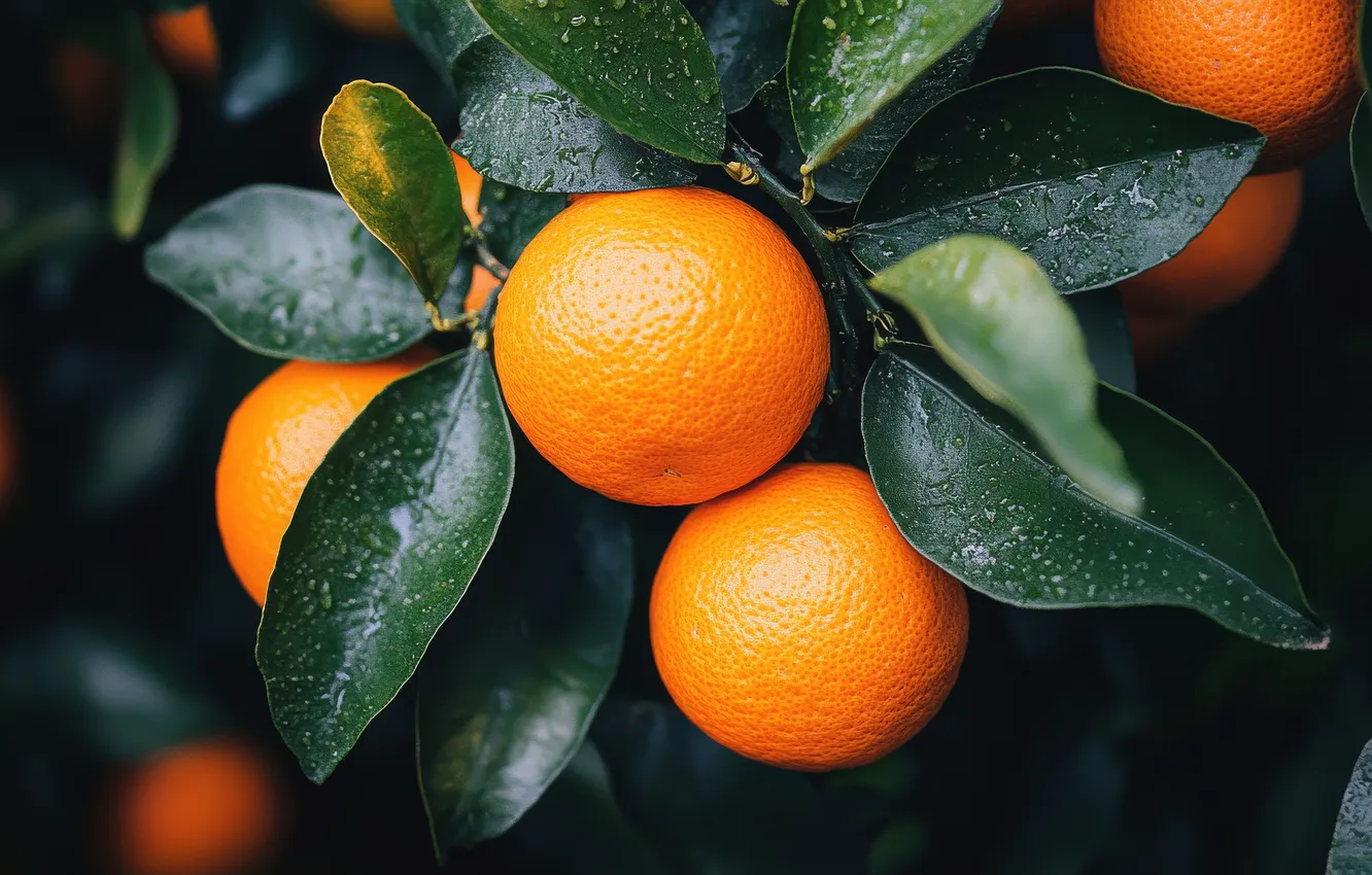 Photo wallpaper leaves, drops, branches, the dark background, orange, harvest, fruit, AI art