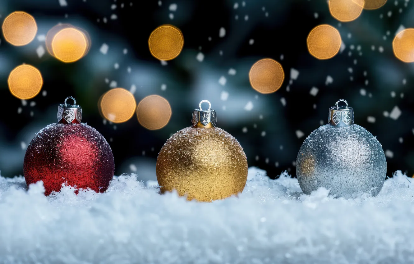 Photo wallpaper balls, snow, new year, Christmas, bokeh, AI art, neural network