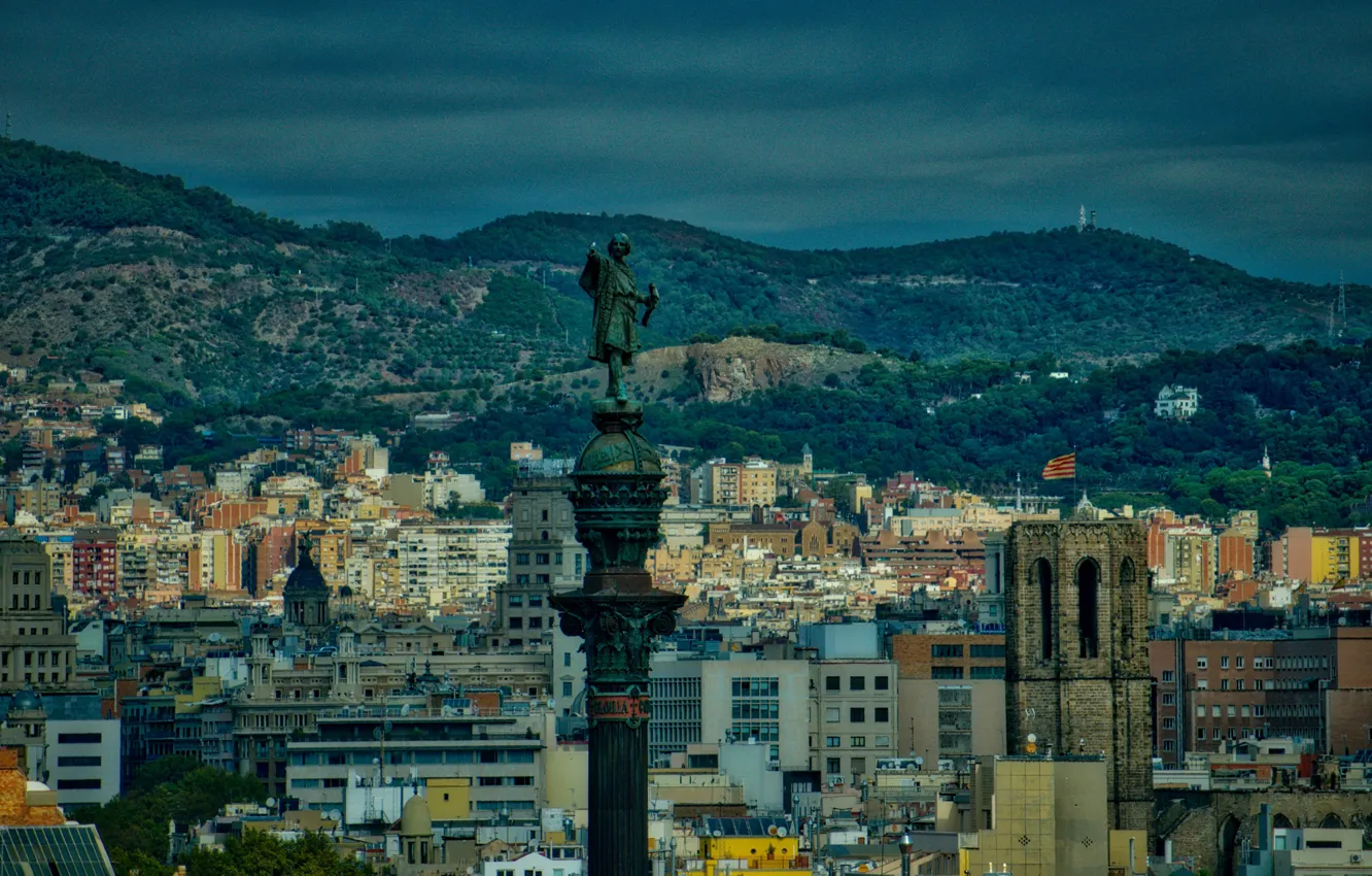 Photo wallpaper trees, landscape, mountains, tower, home, the evening, panorama, statue
