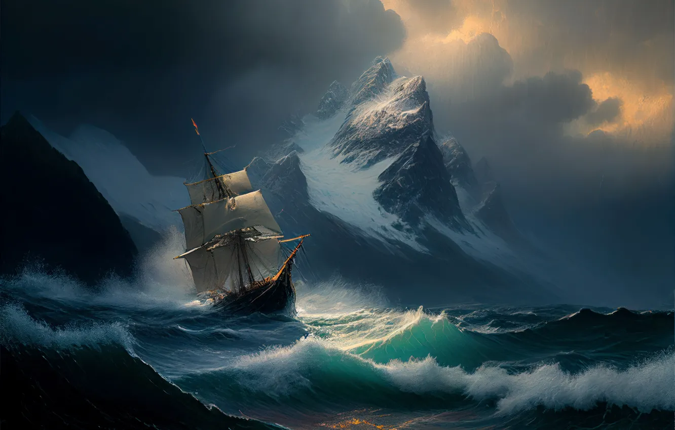 Photo wallpaper Nature, Sea, Rocks, Wave, Ship, Clouds, Storm, Sailboat