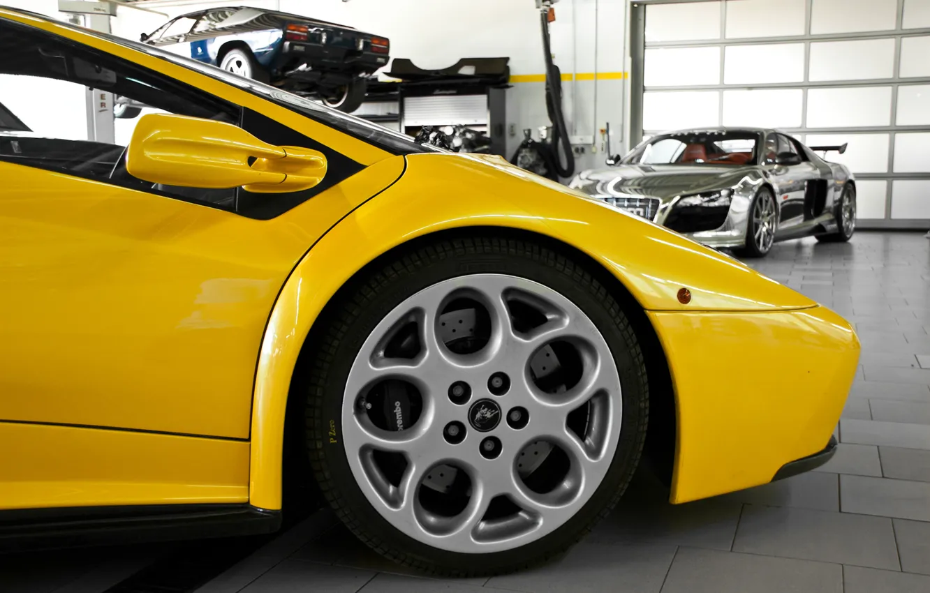 Photo wallpaper yellow, Audi, audi, Lamborghini, wheel, disk, chrome, diablo