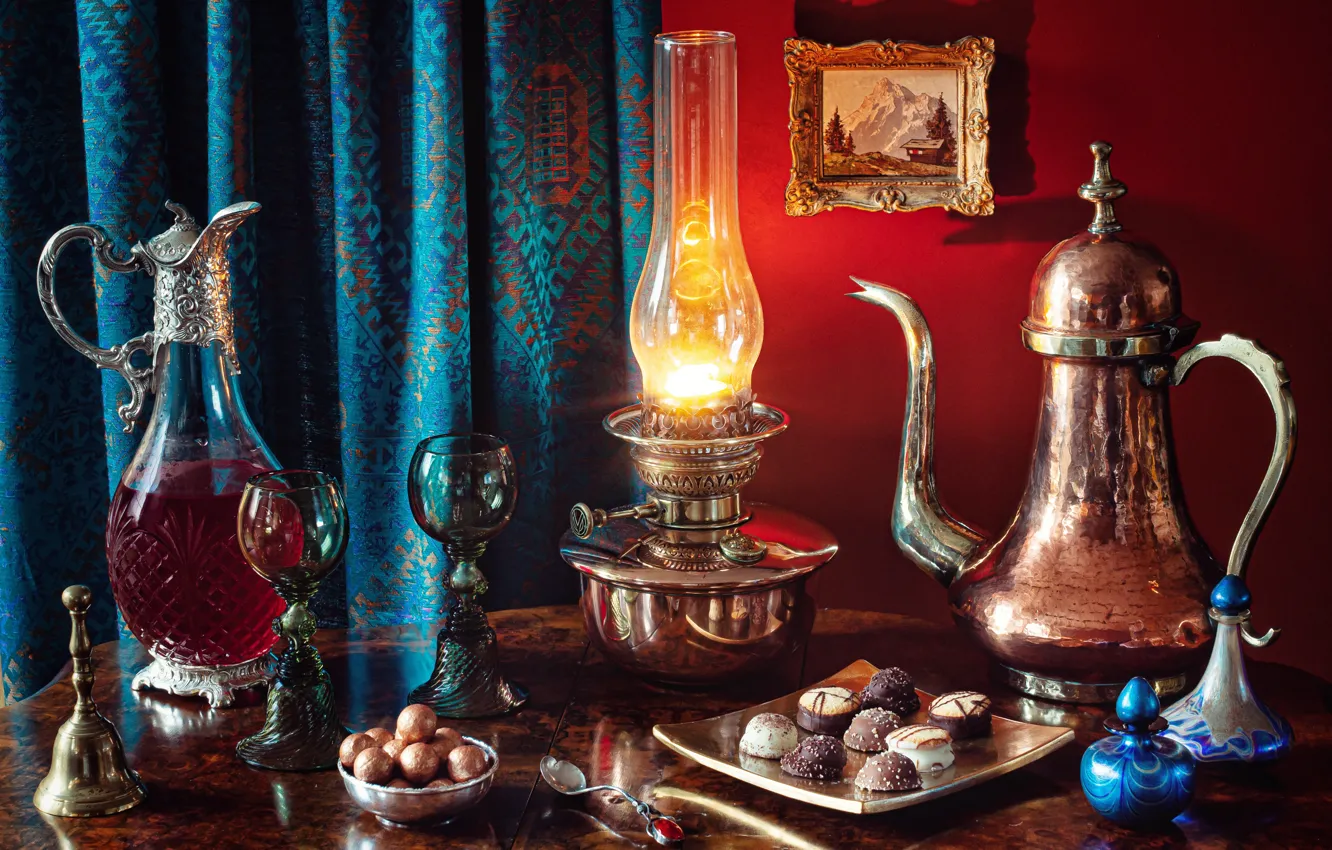 Photo wallpaper style, glass, lamp, candy, cake, still life, decanter, coffee pot