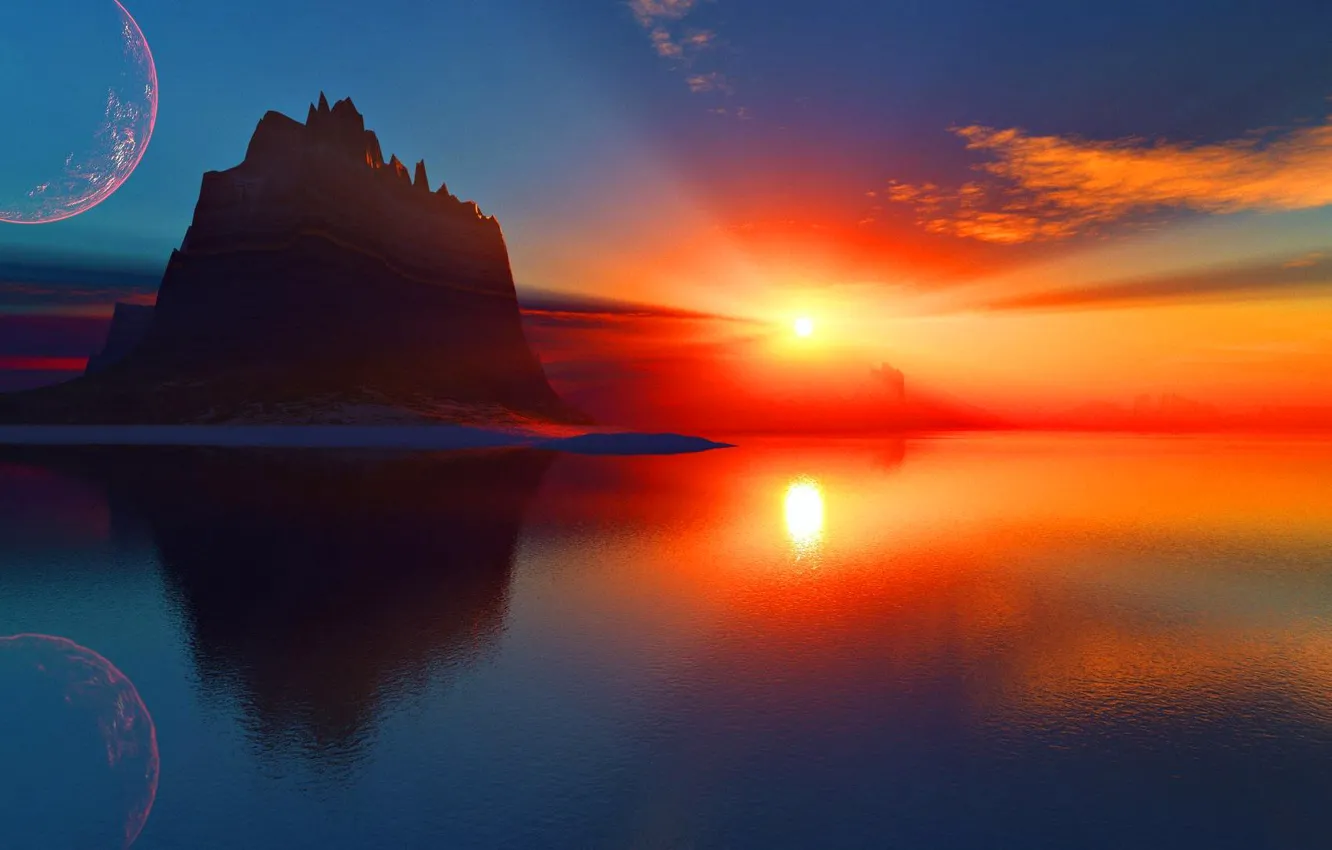 Photo wallpaper sea, the sky, the sun, space, clouds, rays, sunset, mountains