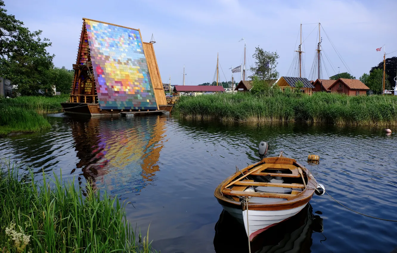 Photo wallpaper grass, water, landscape, nature, boat, home, Norway