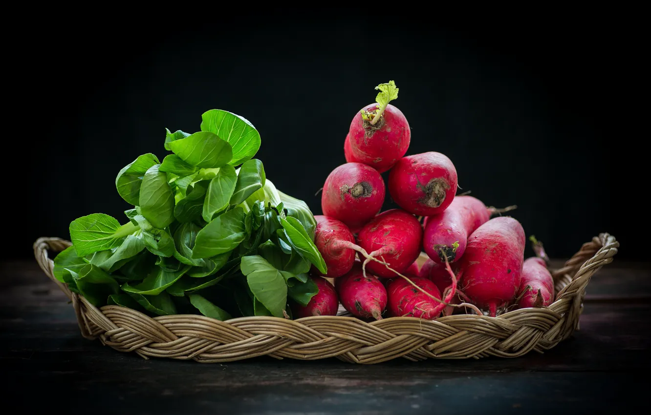 Photo wallpaper basket, vegetables, radishes, Bok Choy