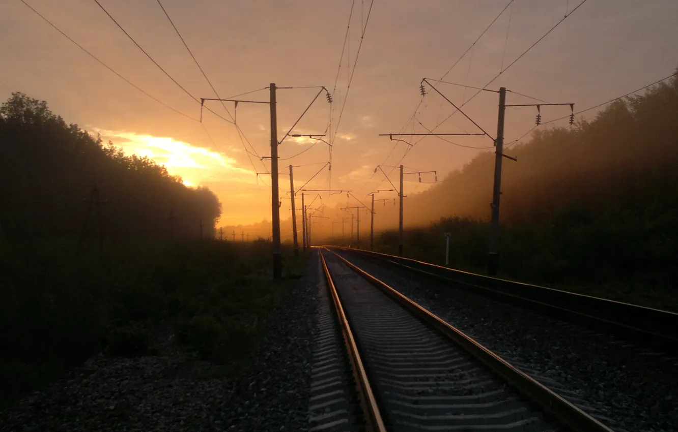 Photo wallpaper Sunrise, Morning, Dawn, Railways, Misty morning