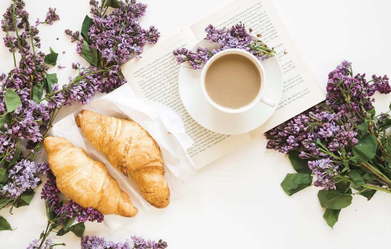 Photo wallpaper coffee, book, lilac, composition