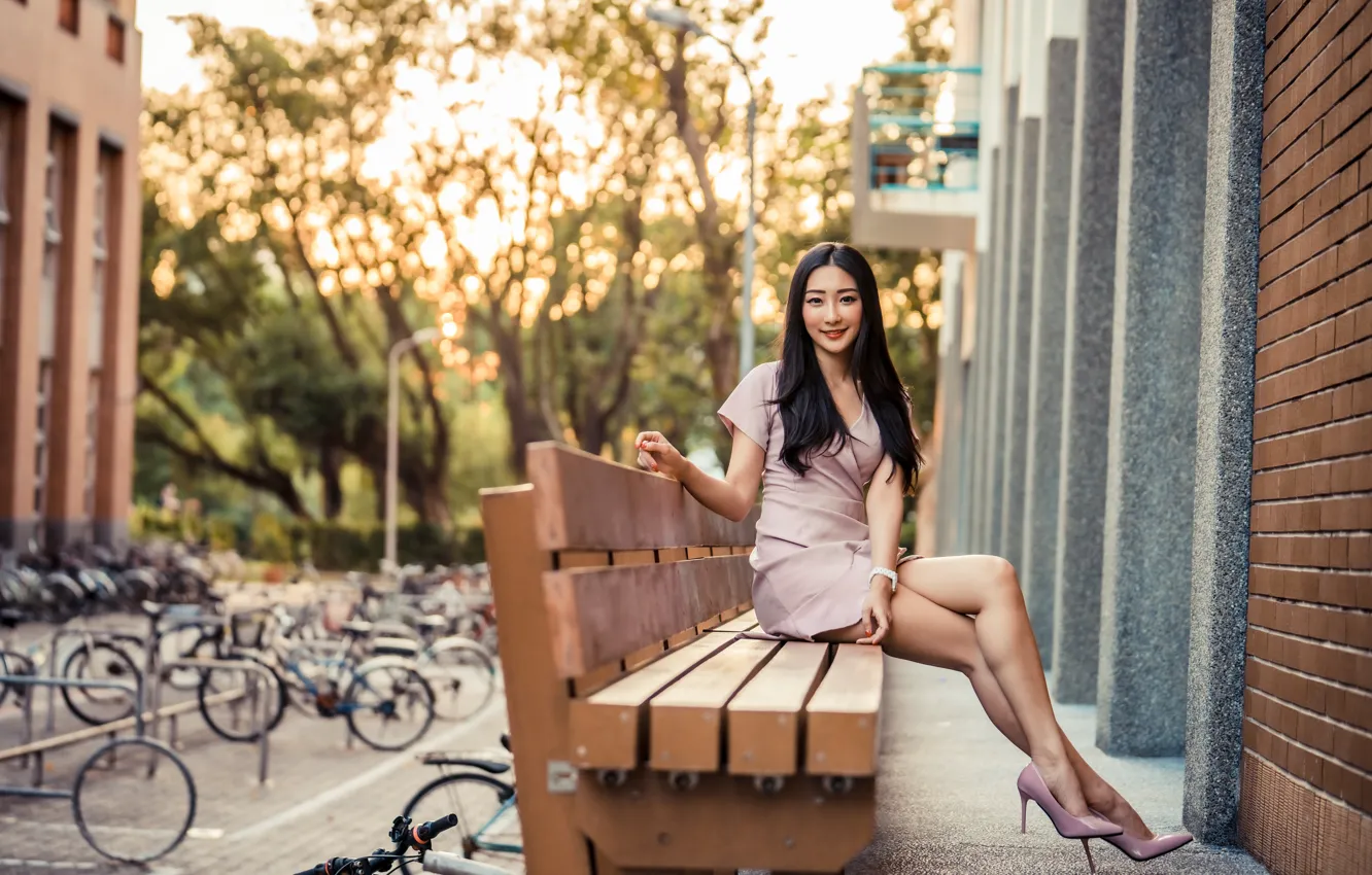 Photo wallpaper look, smile, dress, brunette, Asian, bench, bokeh, beautiful legs
