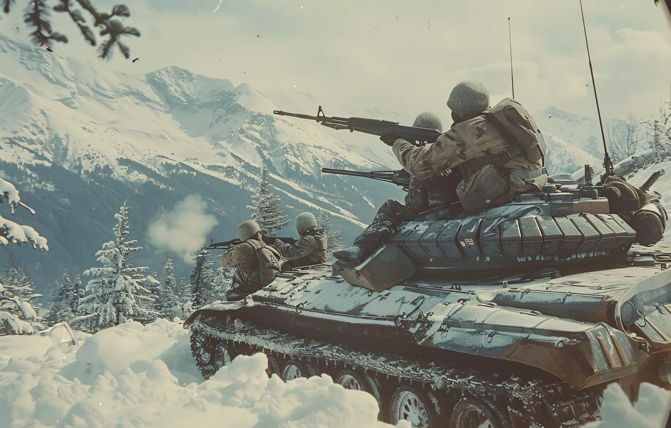 Photo wallpaper winter, snow, mountains, retro, soldiers, machine, tank, digital art