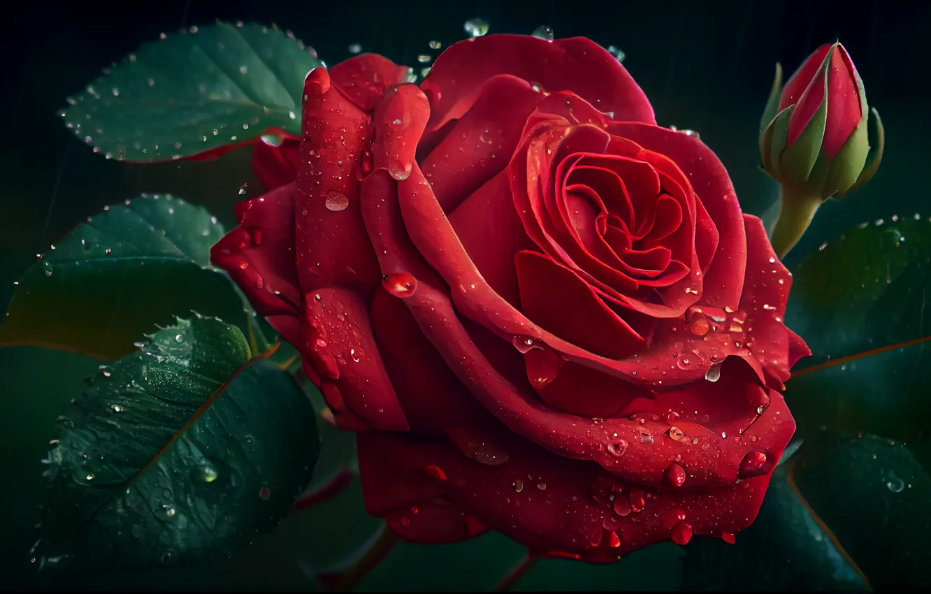 Photo wallpaper flowers, red, roses, AI art, neural network