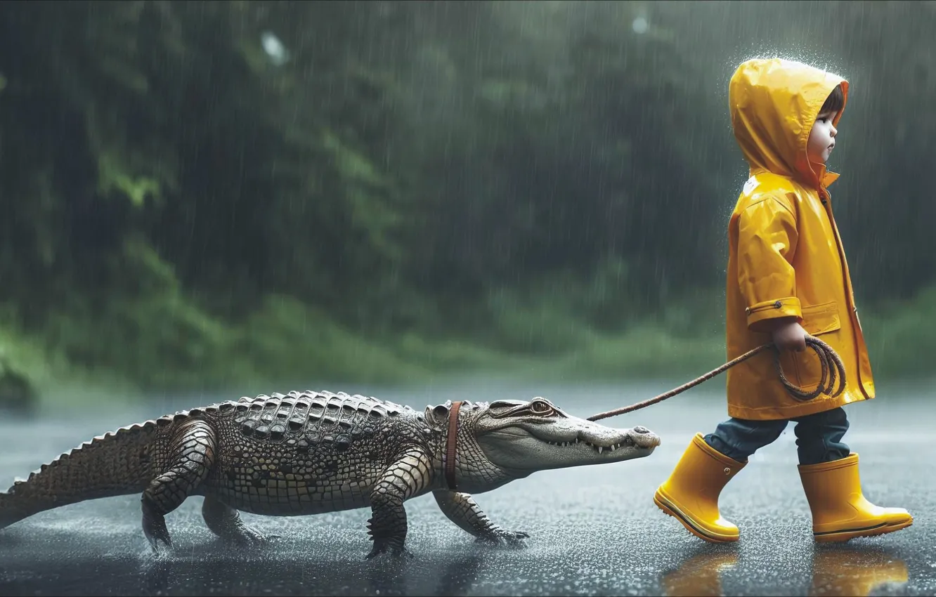 Photo wallpaper rain, crocodile, art, pair, walk, art, render, oops