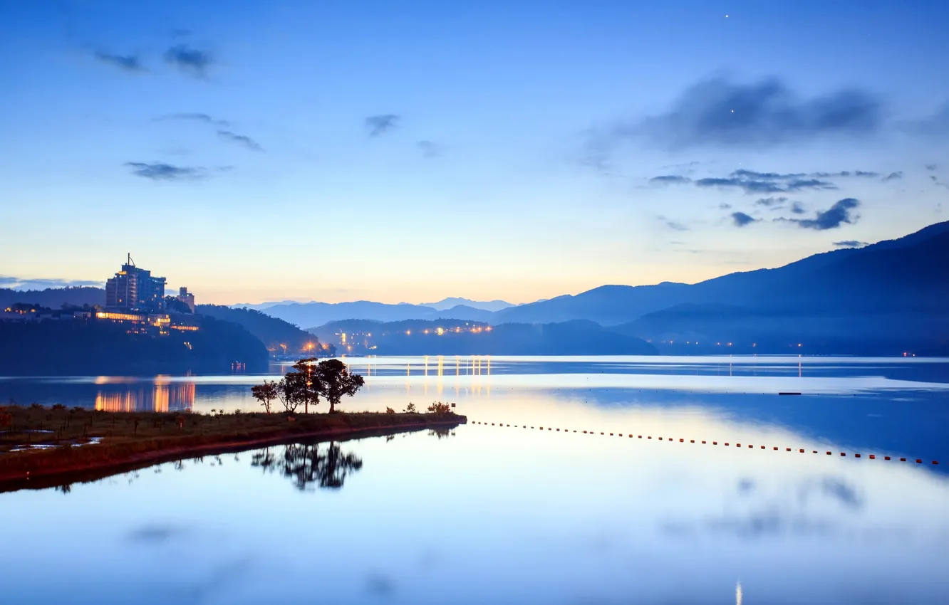 Photo wallpaper landscape, night, the city, lake