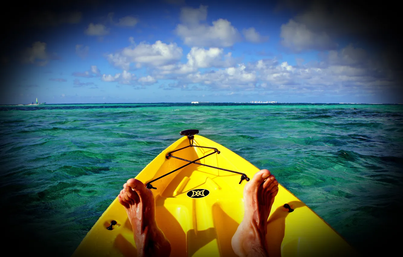Photo wallpaper sea, water, the sun, the ocean, feet, boat