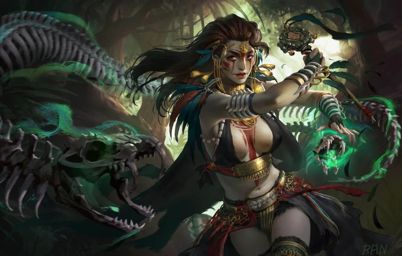 Photo wallpaper forest, girl, fiction, magic, Dead, figure, bones, skeleton