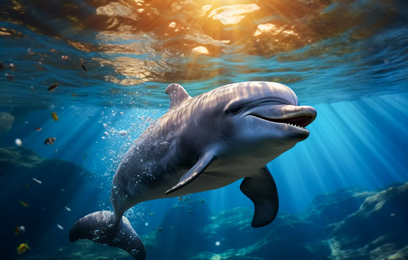 Photo wallpaper dolphins, underwater world, the rays of the sun, digital art, AI art, The Art of …