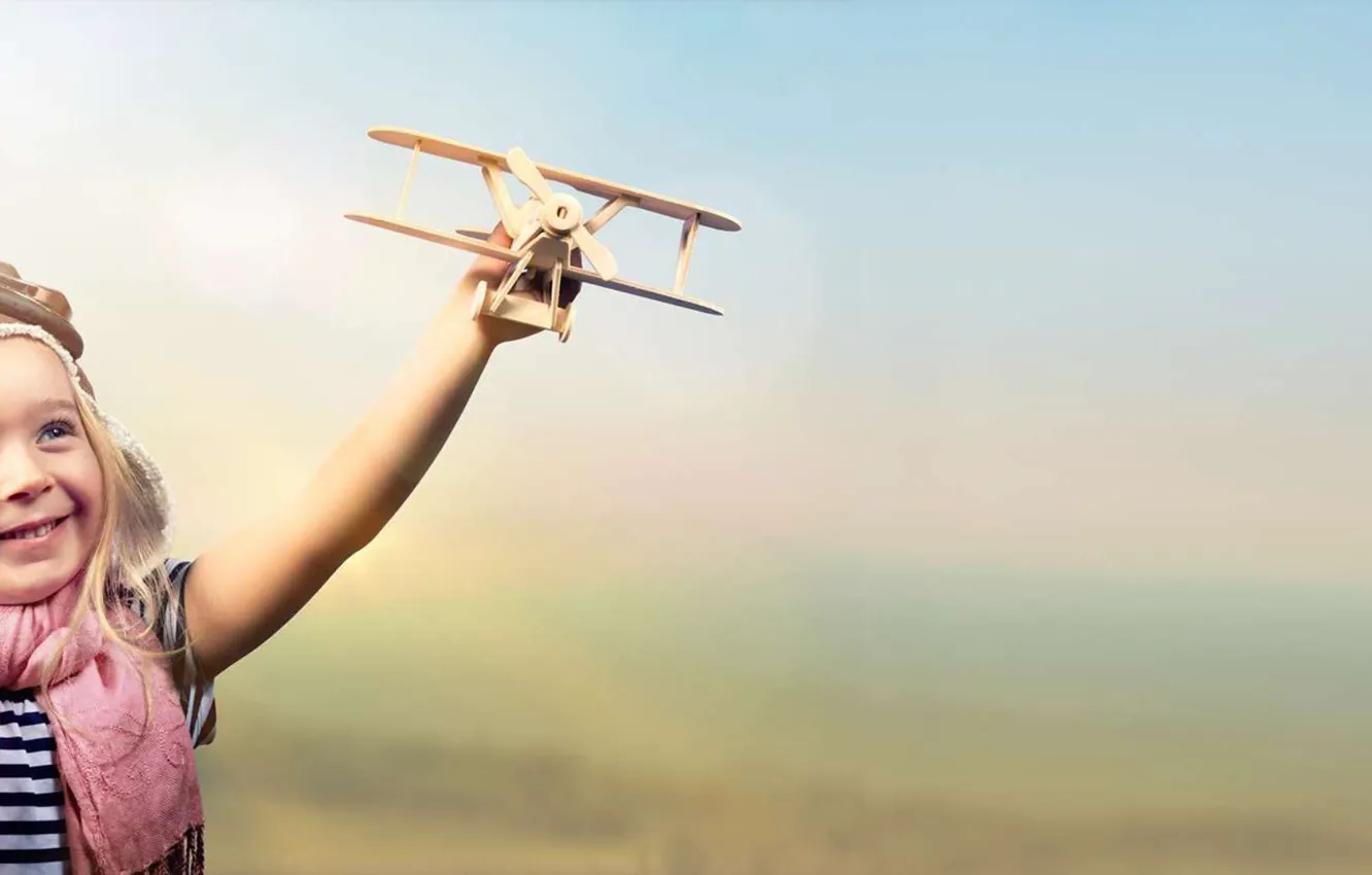 Photo wallpaper joy, children, toy, girl, the plane, wooden