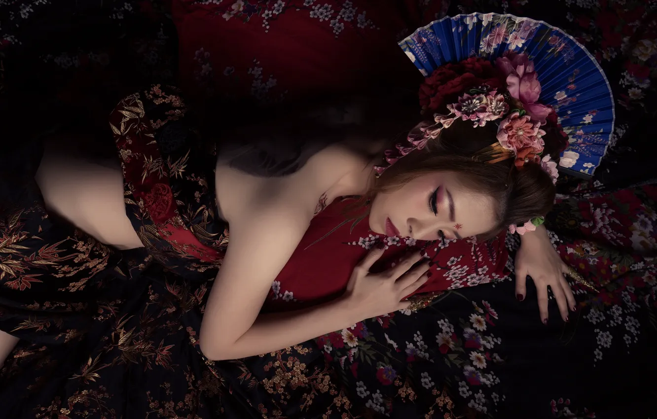 Photo wallpaper girl, flowers, style, Japanese, hands, fan, Asian