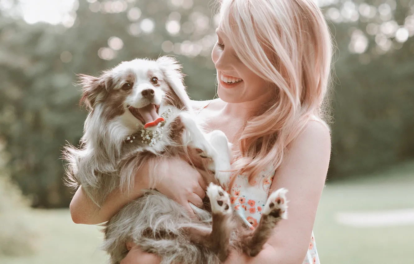Photo wallpaper girl, smile, laughter, dog, blonde, puppy