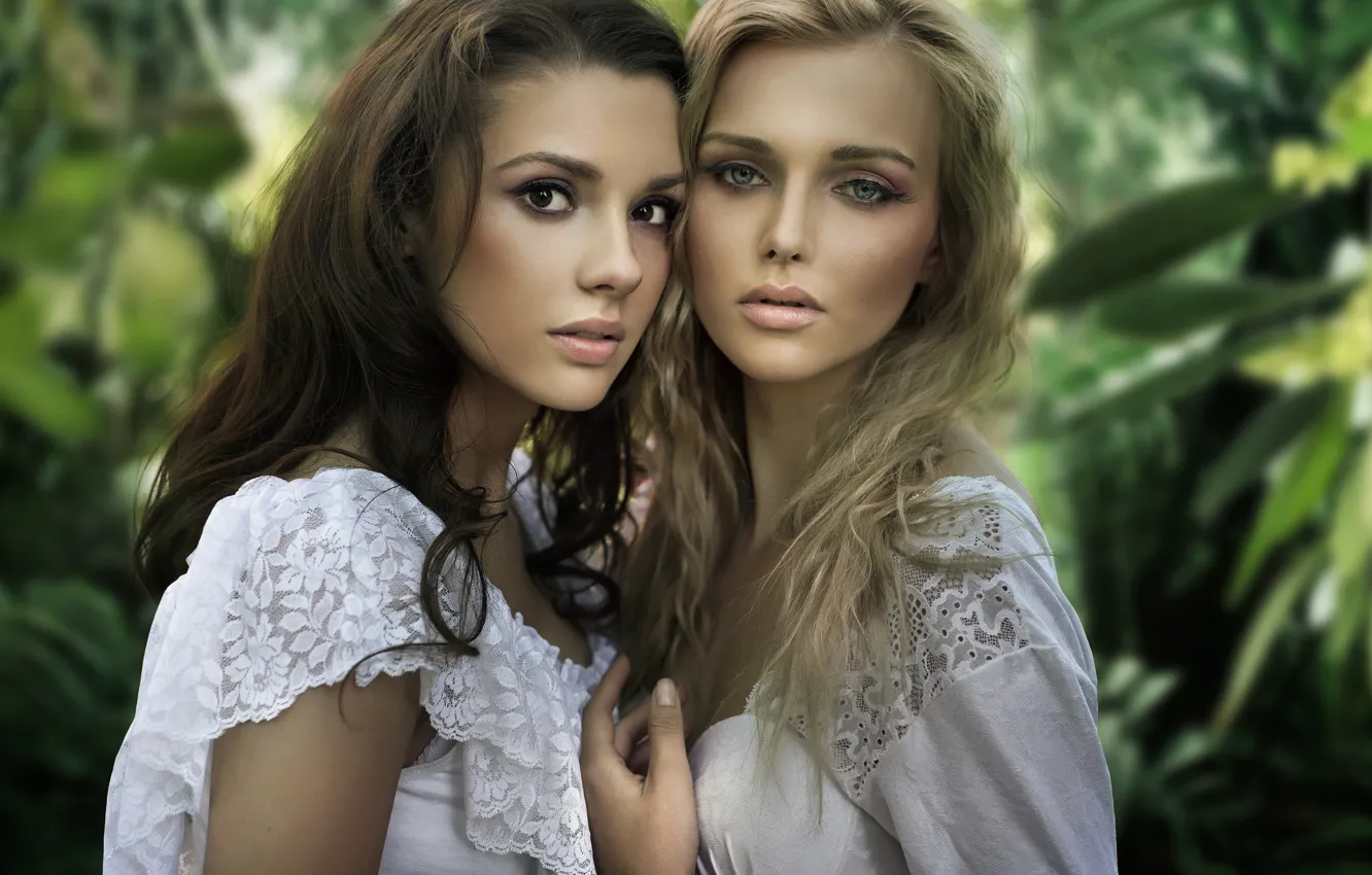 Photo wallpaper look, girl, trees, face, background, brunette, blonde