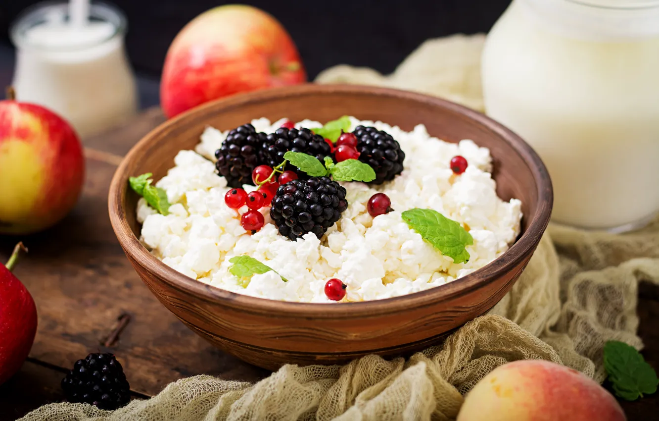 Photo wallpaper berries, apples, food, Breakfast, milk, peaches, wood, cheese
