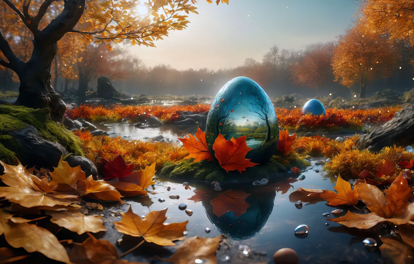 Photo wallpaper fantasy, autumn, leaves, egg, crystal egg