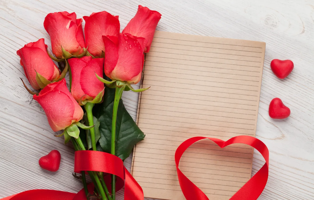 Photo wallpaper love, flowers, gift, romance, heart, roses, tape, love