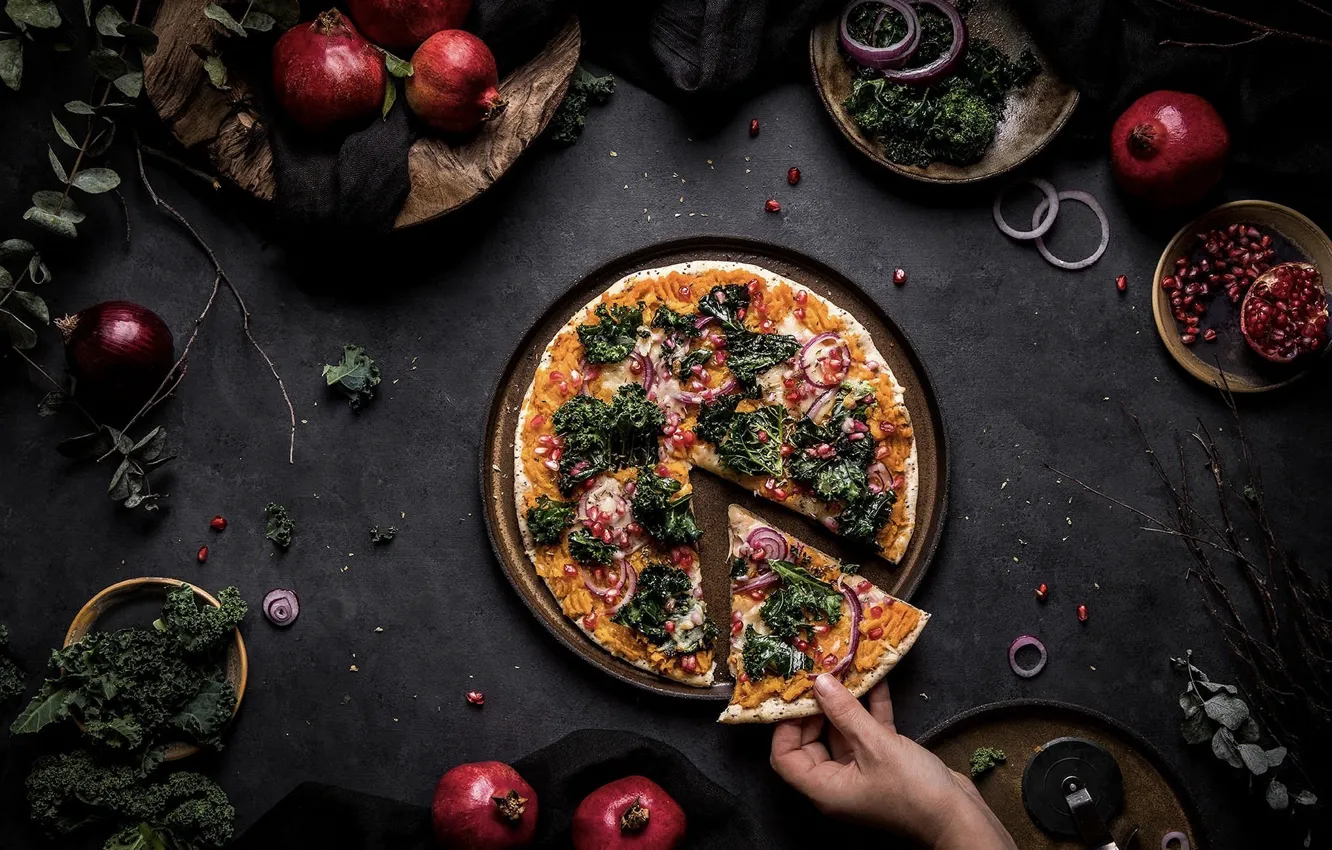 Photo wallpaper piece, pizza, broccoli, pie, bow, garnet