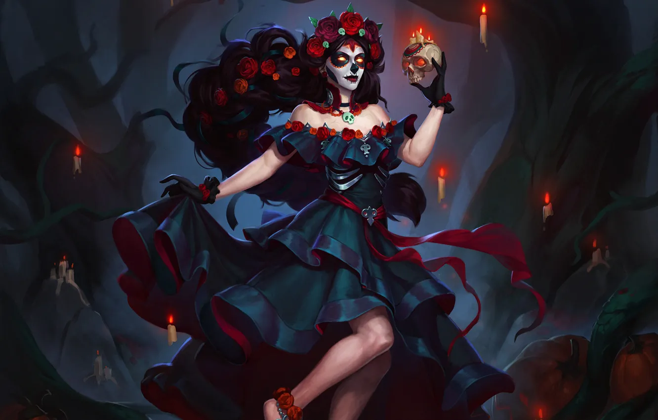 Photo wallpaper girl, style, background, skull, minimalism, candles, dress, art