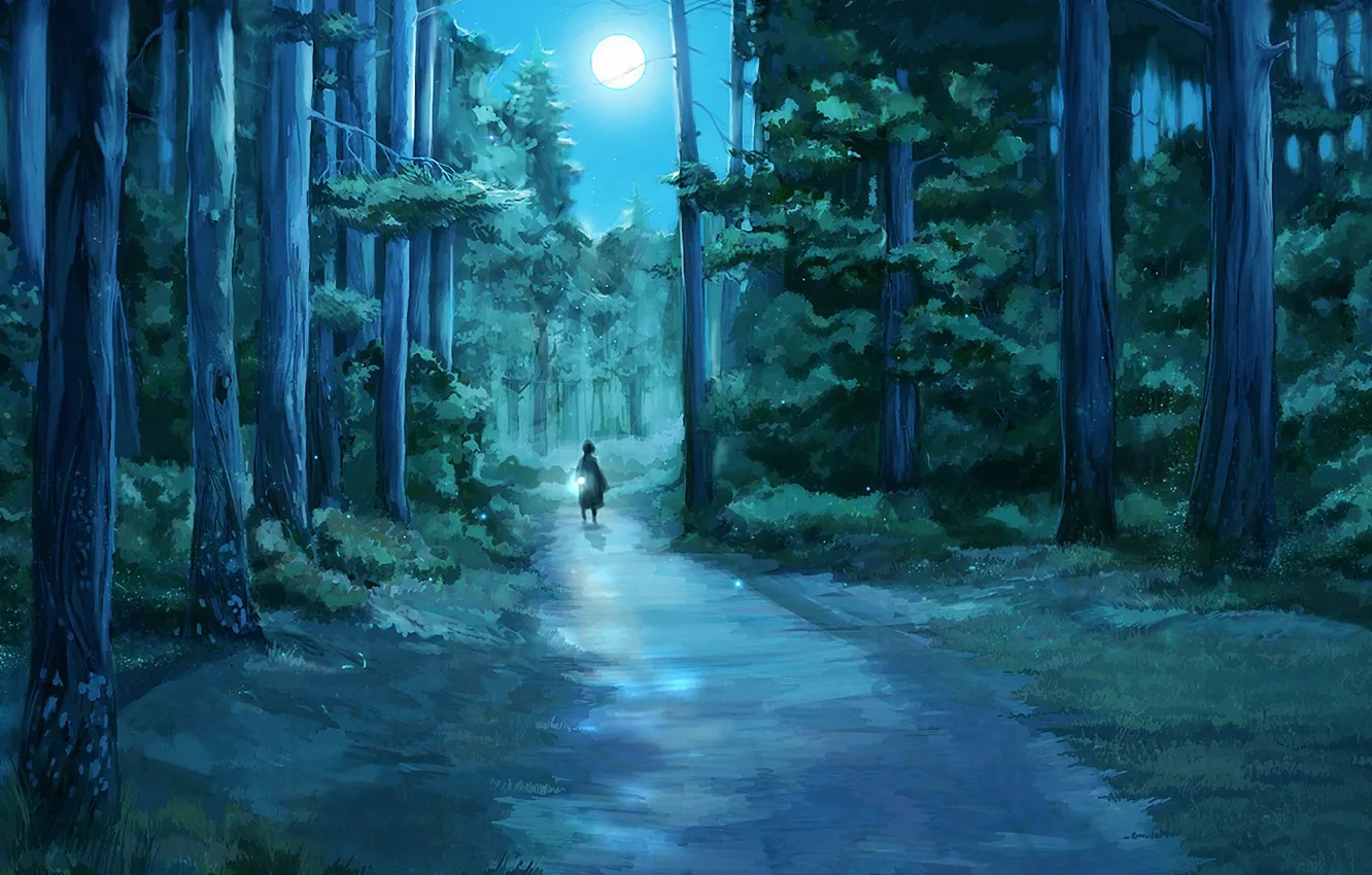 Photo wallpaper forest, night, fireflies, the moon, figure, tree, flashlight, girl