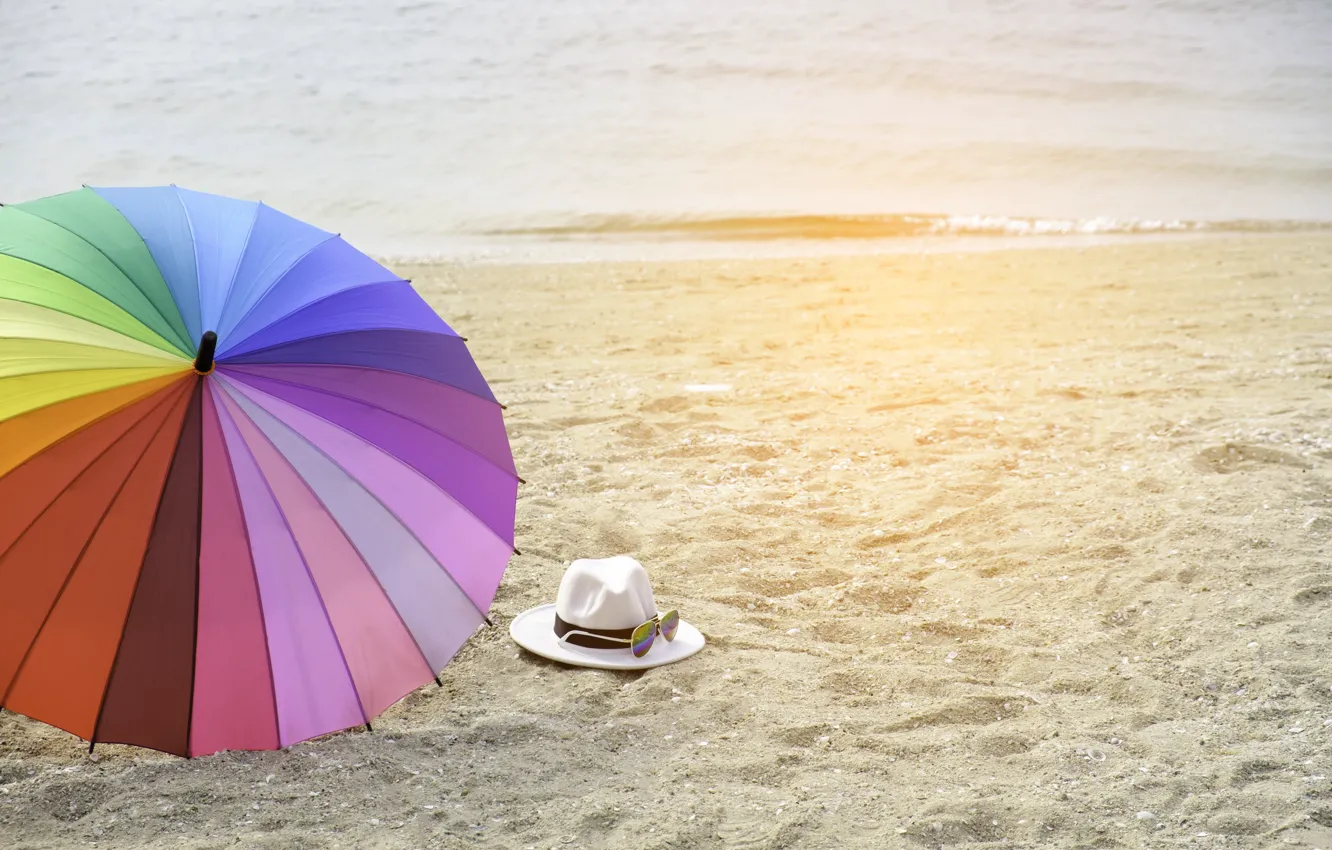 Photo wallpaper sand, sea, beach, summer, happiness, stay, umbrella, colorful
