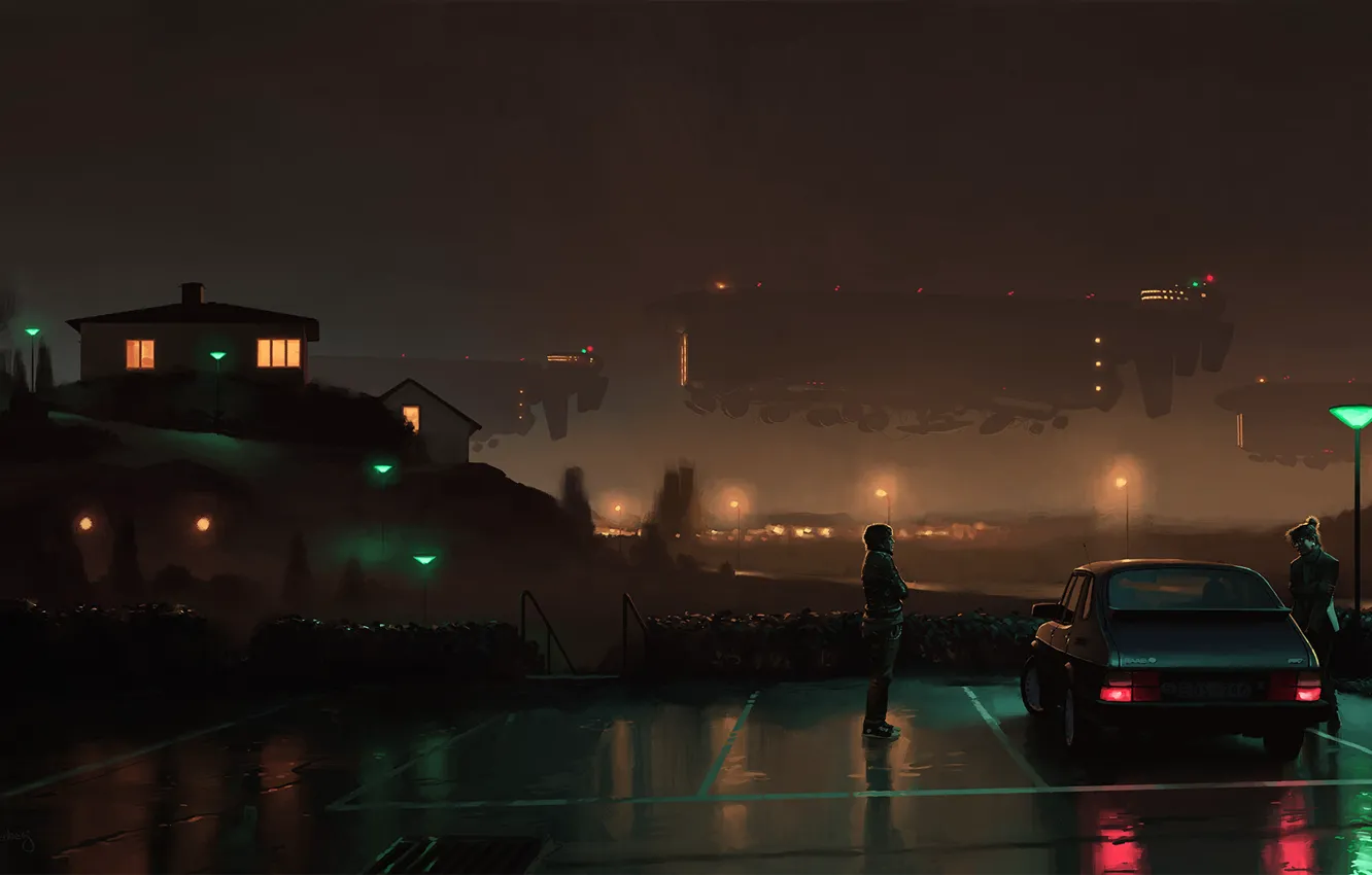 Photo wallpaper auto, girl, night, fiction, home, art, lights, pair