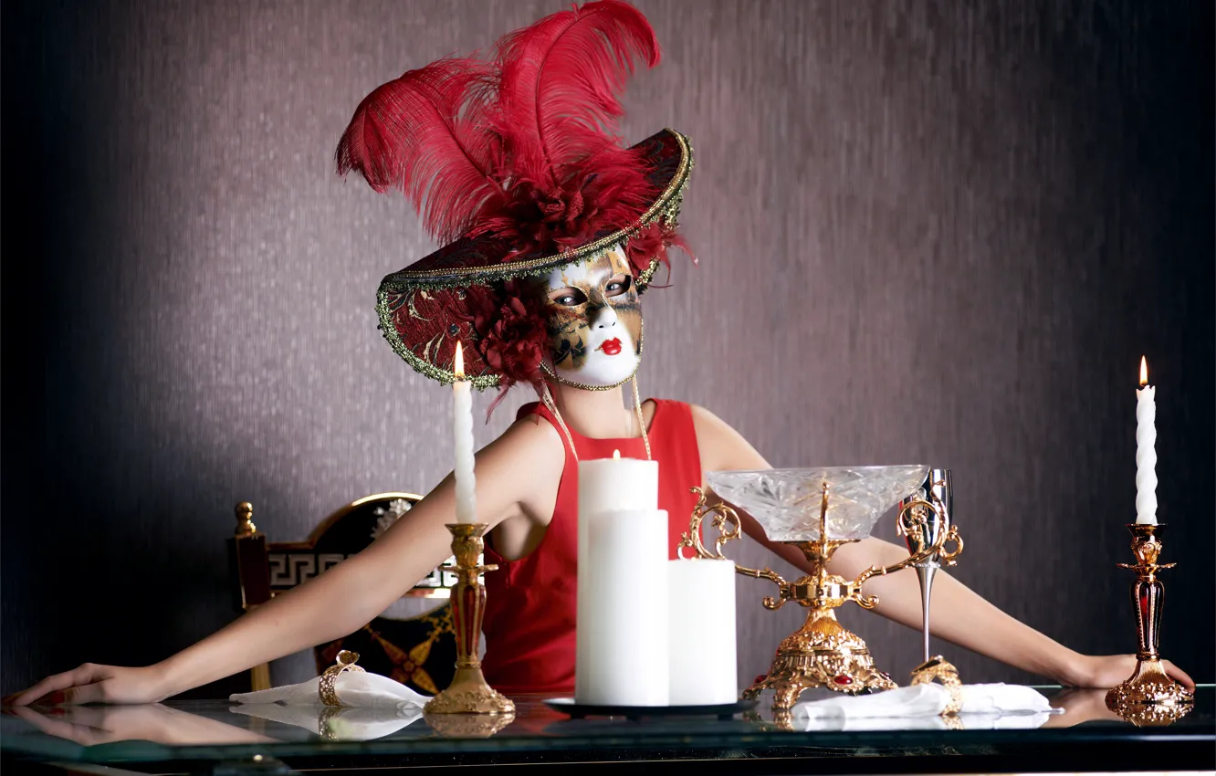 Photo wallpaper girl, table, woman, model, hat, candles, feathers, hands