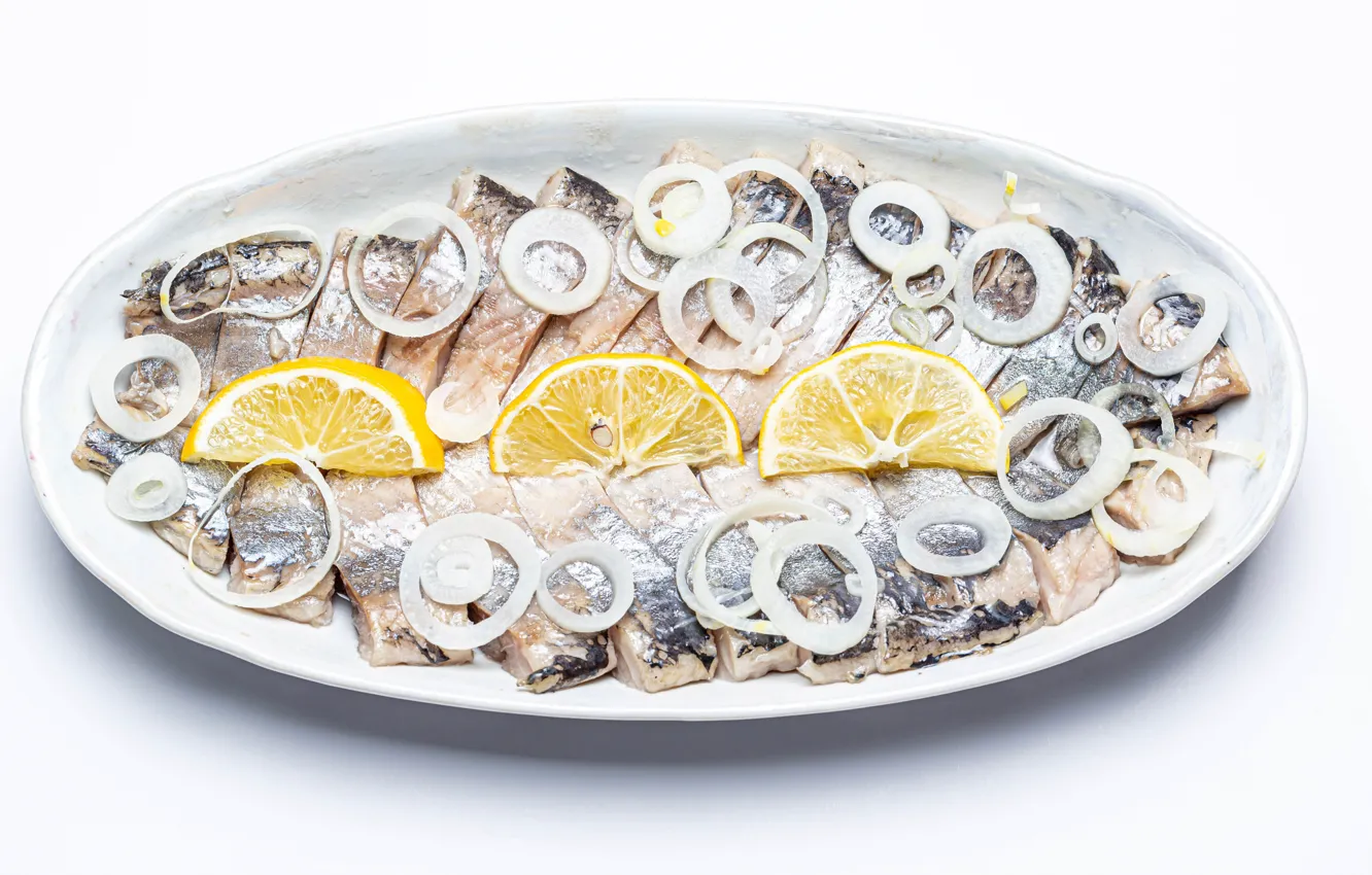 Photo wallpaper lemon, fish, bow, plate, piece