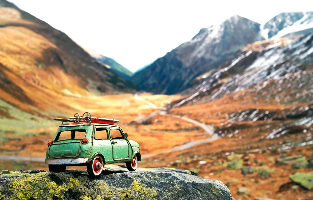 Photo wallpaper road, mountains, stones, machine, The long windy road