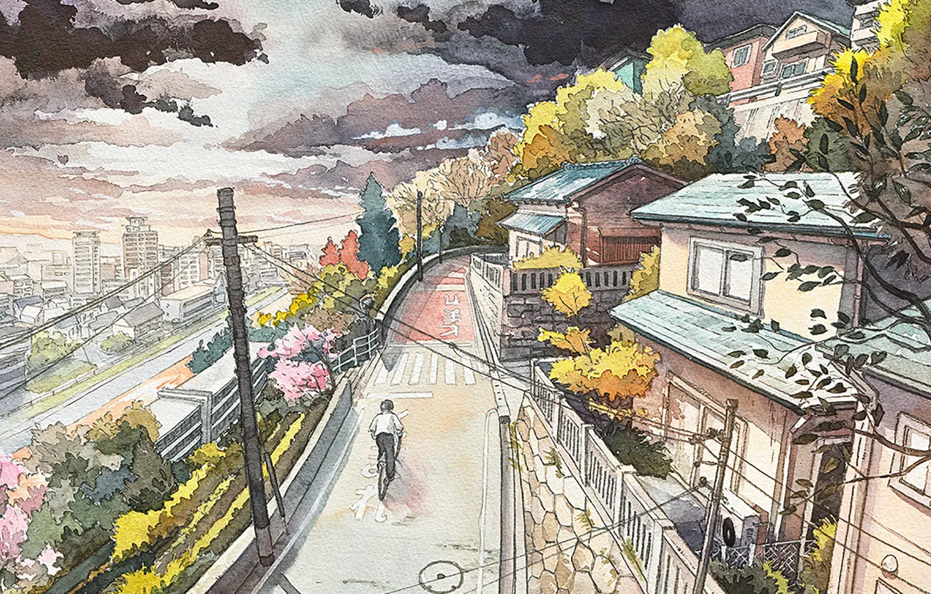 Photo wallpaper road, bike, the city, Japan, watercolor