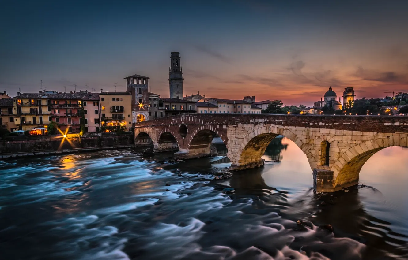 Photo wallpaper sunset, bridge, Italy, Verona