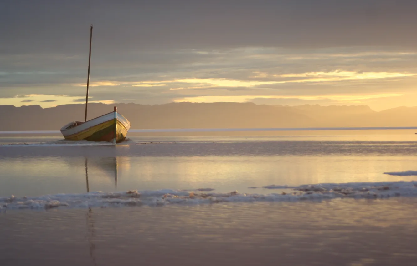 Photo wallpaper sea, water, boat, Sunset